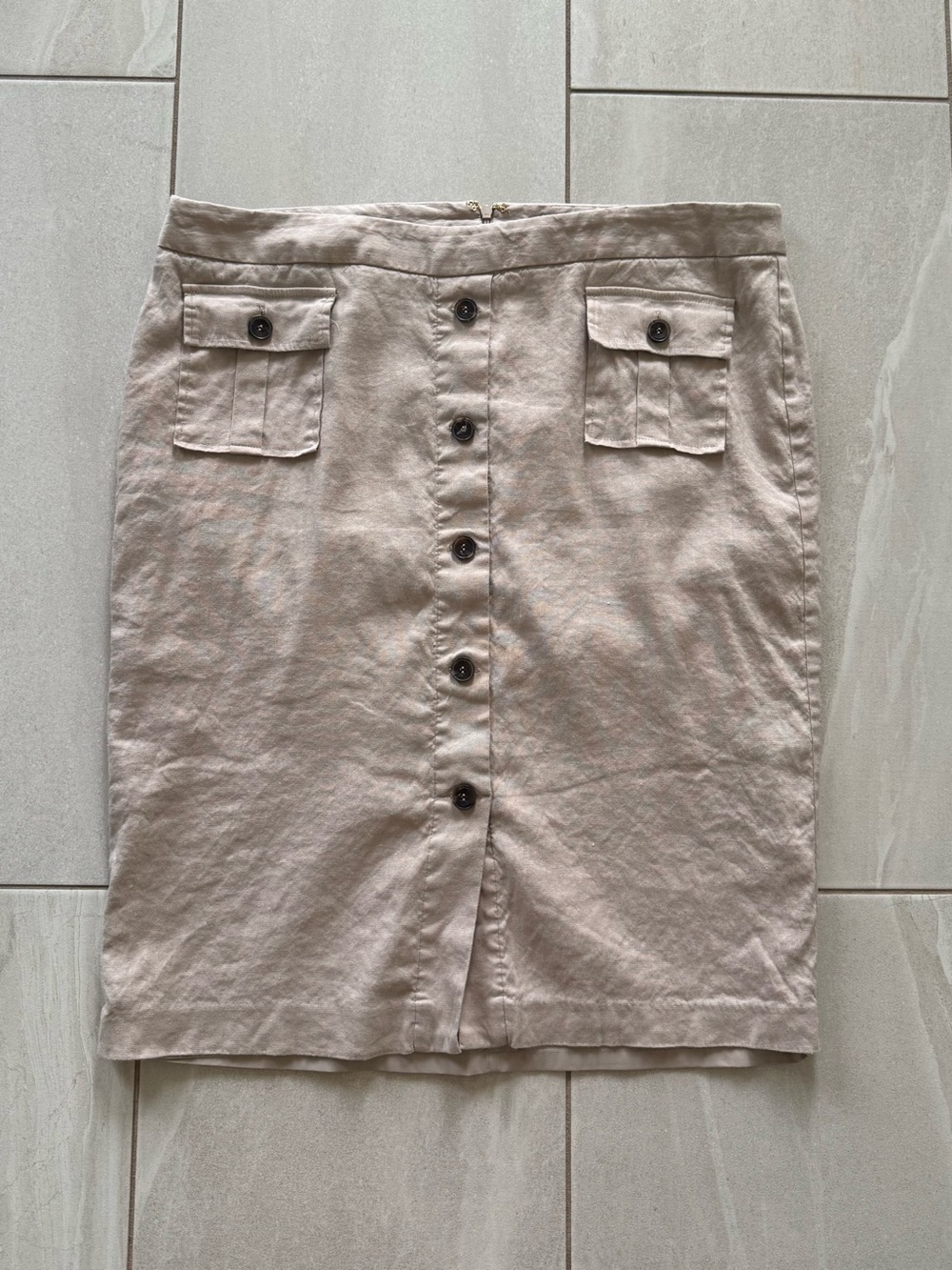 Calvin Klein Linen Blend Midi Pencil Skirt Button Front Cargo Pockets Beige 14